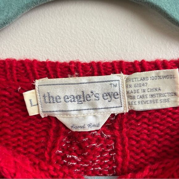 80s Vintage Red Wool Christmas Tree Hand Knit Sweater by The Eagle's Eye Size L - Picture 6 of 7